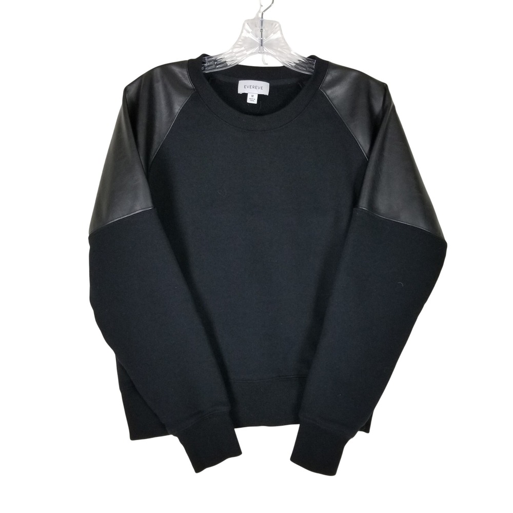 Evereve Sweatshirt Womens Medium Black Faux Leather Raglan Sleeve Mixed Media